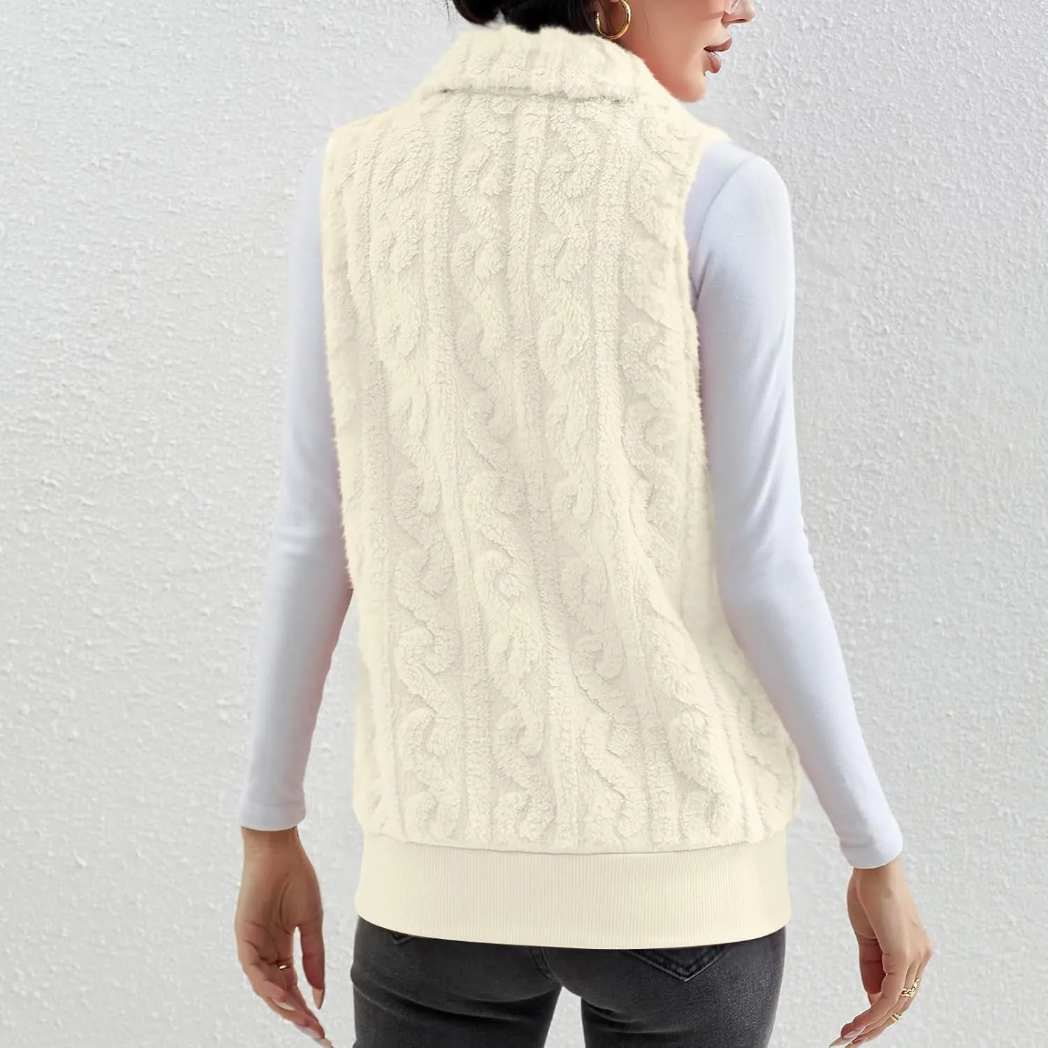 Womens Fuzzy Sherpa Fleece Jacket Lightweight Warm Vest Cozy Sleeveless Cardigan Zip Up Waistcoat Outwear with Pockets