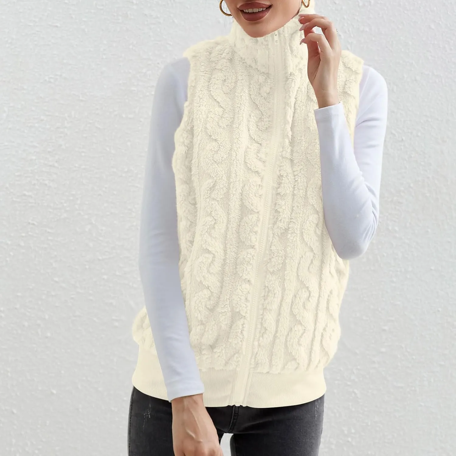 Womens Fuzzy Sherpa Fleece Jacket Lightweight Warm Vest Cozy Sleeveless Cardigan Zip Up Waistcoat Outwear with Pockets