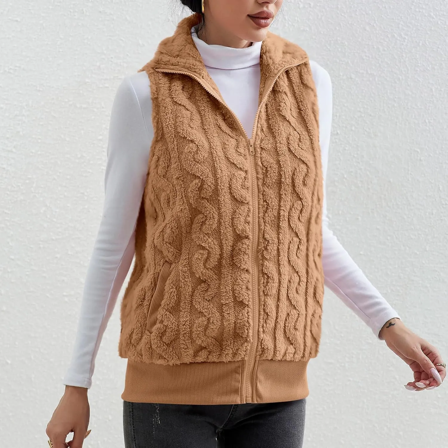 Womens Fuzzy Sherpa Fleece Jacket Lightweight Warm Vest Cozy Sleeveless Cardigan Zip Up Waistcoat Outwear with Pockets
