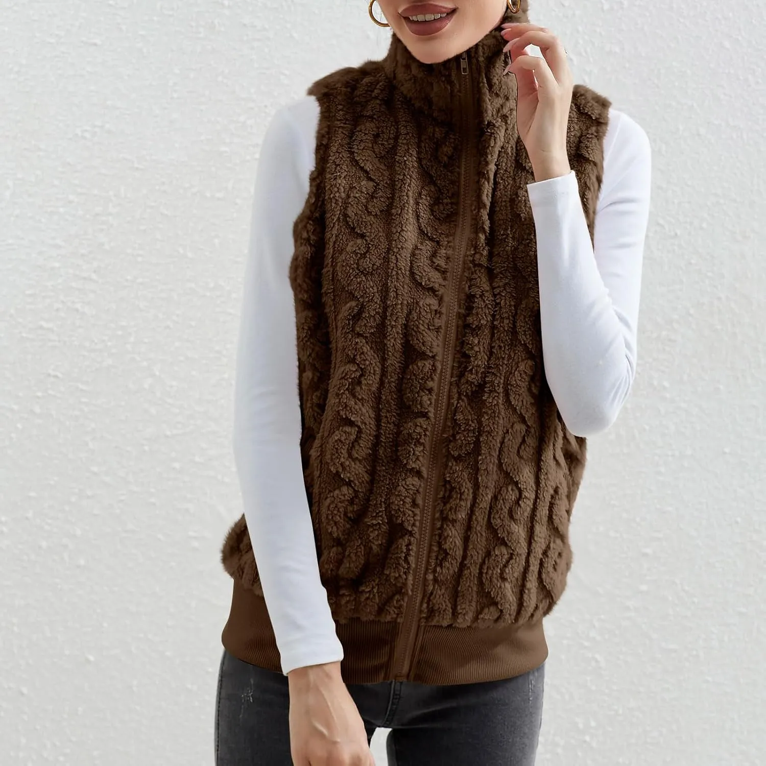 Womens Fuzzy Sherpa Fleece Jacket Lightweight Warm Vest Cozy Sleeveless Cardigan Zip Up Waistcoat Outwear with Pockets