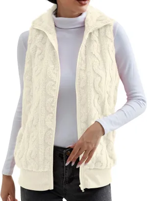 Womens Fuzzy Sherpa Fleece Jacket Lightweight Warm Vest Cozy Sleeveless Cardigan Zip Up Waistcoat Outwear with Pockets