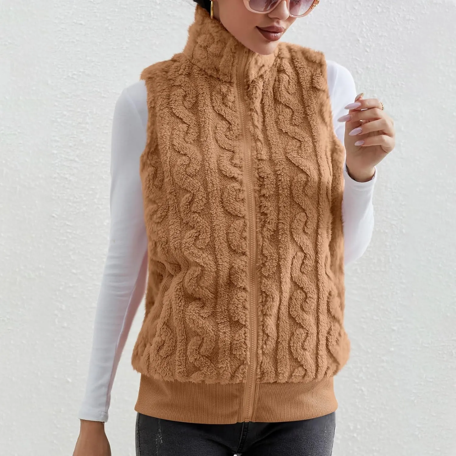 Womens Fuzzy Sherpa Fleece Jacket Lightweight Warm Vest Cozy Sleeveless Cardigan Zip Up Waistcoat Outwear with Pockets