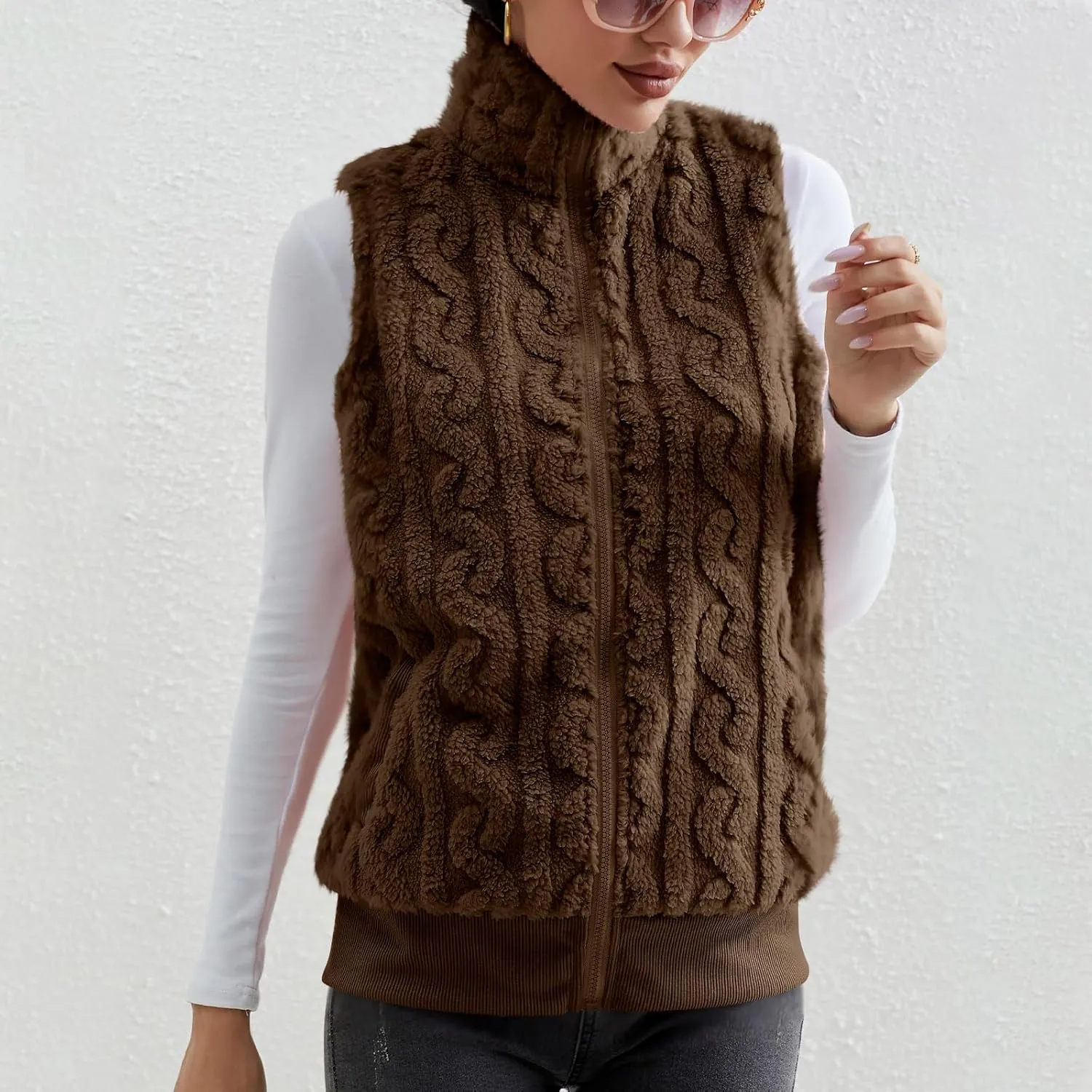 Womens Fuzzy Sherpa Fleece Jacket Lightweight Warm Vest Cozy Sleeveless Cardigan Zip Up Waistcoat Outwear with Pockets