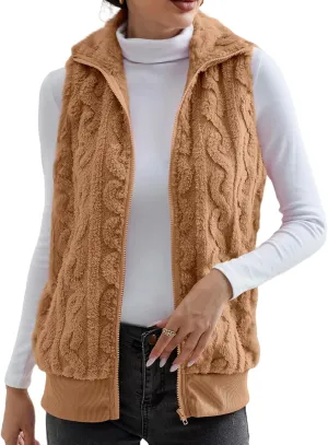 Womens Fuzzy Sherpa Fleece Jacket Lightweight Warm Vest Cozy Sleeveless Cardigan Zip Up Waistcoat Outwear with Pockets