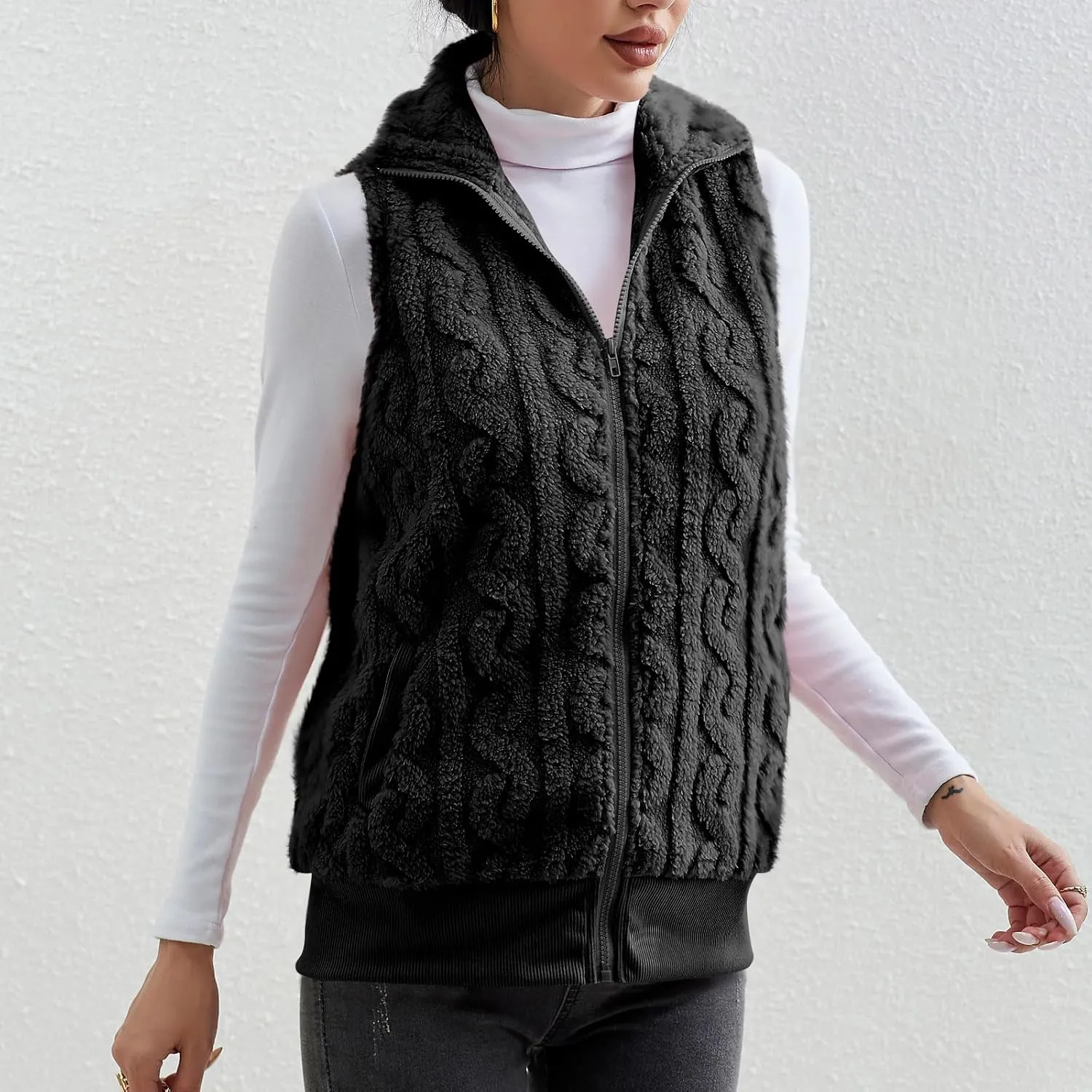 Womens Fuzzy Sherpa Fleece Jacket Lightweight Warm Vest Cozy Sleeveless Cardigan Zip Up Waistcoat Outwear with Pockets