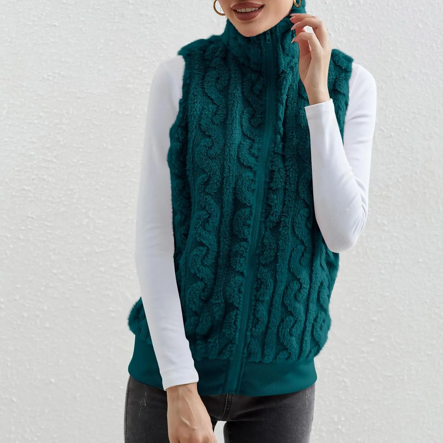 Womens Fuzzy Sherpa Fleece Jacket Lightweight Warm Vest Cozy Sleeveless Cardigan Zip Up Waistcoat Outwear with Pockets