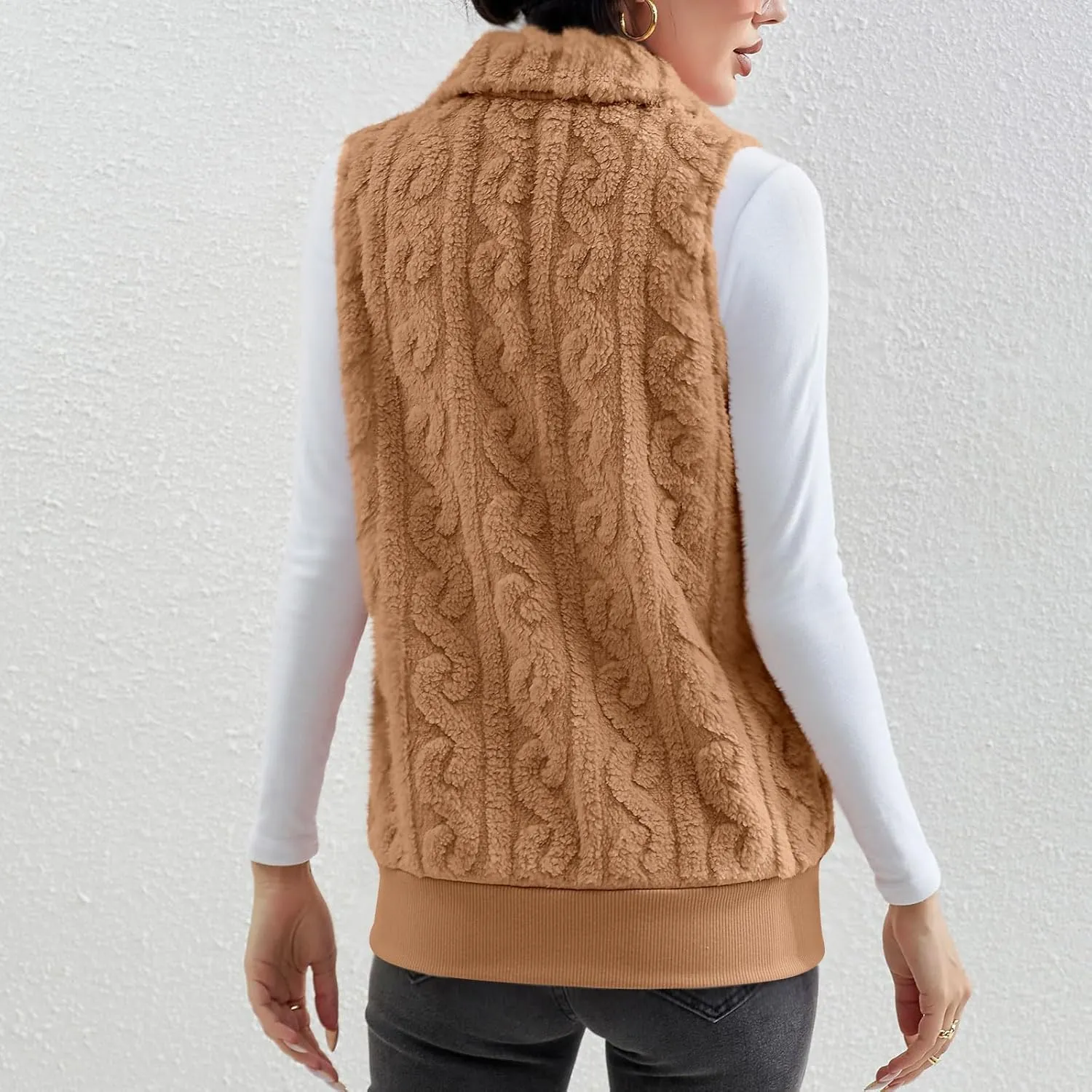 Womens Fuzzy Sherpa Fleece Jacket Lightweight Warm Vest Cozy Sleeveless Cardigan Zip Up Waistcoat Outwear with Pockets