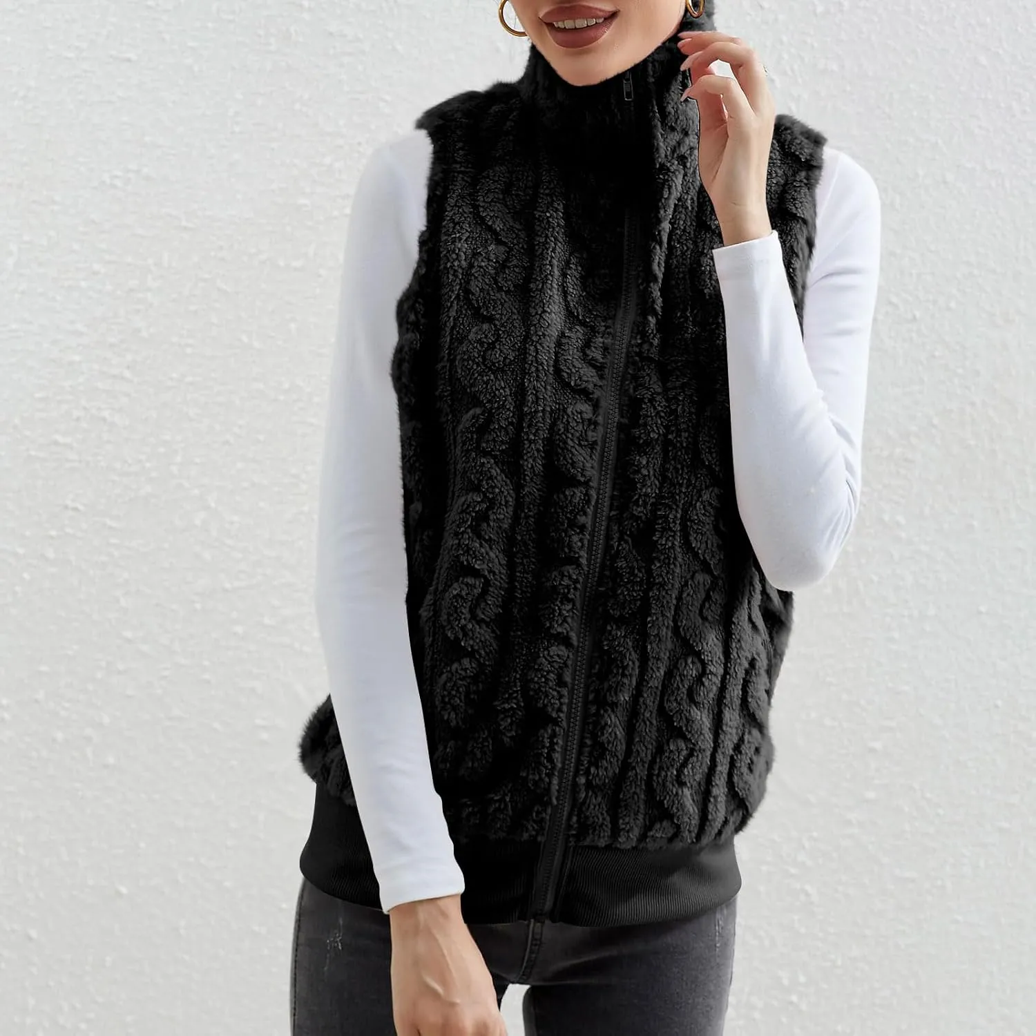 Womens Fuzzy Sherpa Fleece Jacket Lightweight Warm Vest Cozy Sleeveless Cardigan Zip Up Waistcoat Outwear with Pockets