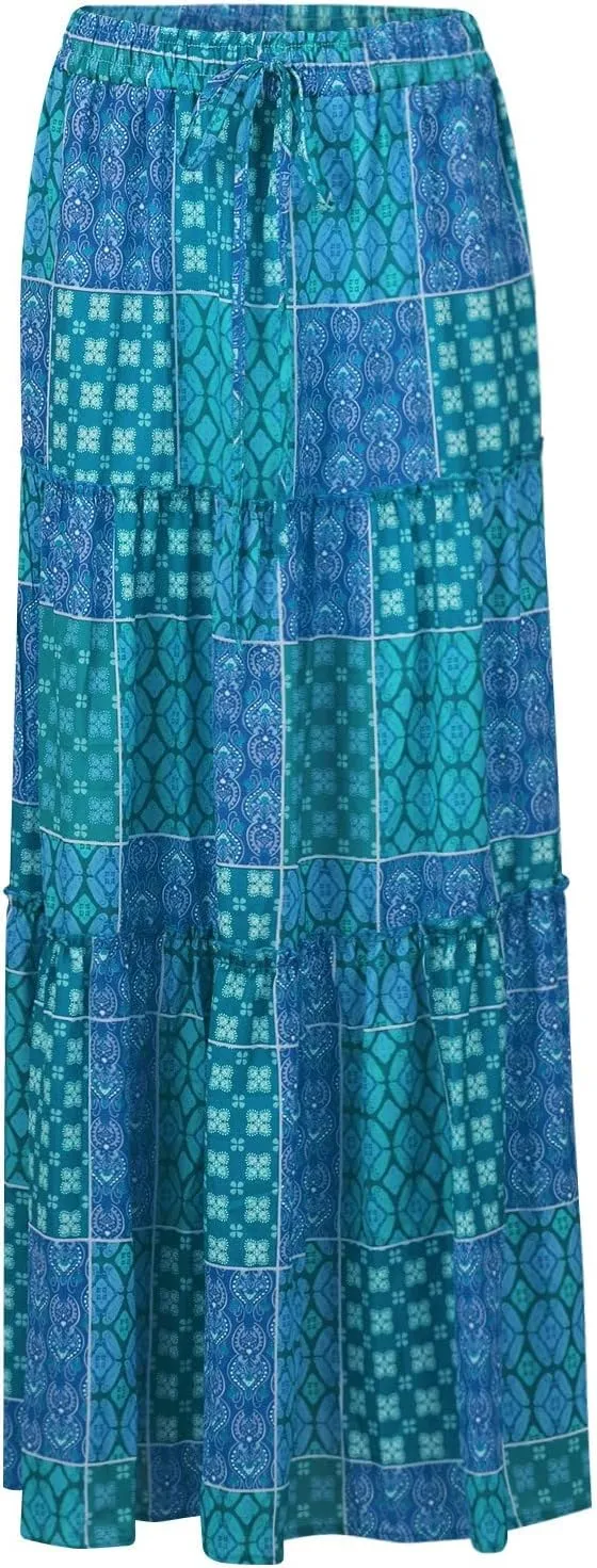 Women's high Wiast tie Boho Print Tiered Pleated Beach A-Line Swing Maxi Skirts 2025, S-2XL