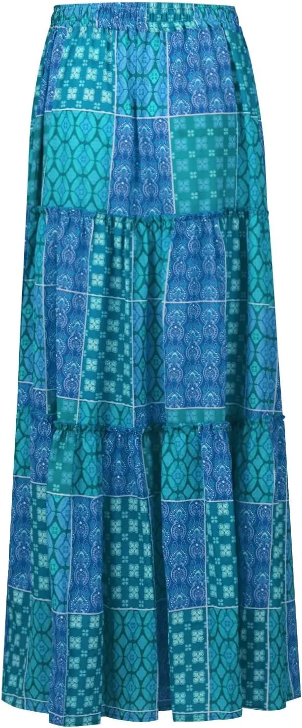 Women's high Wiast tie Boho Print Tiered Pleated Beach A-Line Swing Maxi Skirts 2025, S-2XL