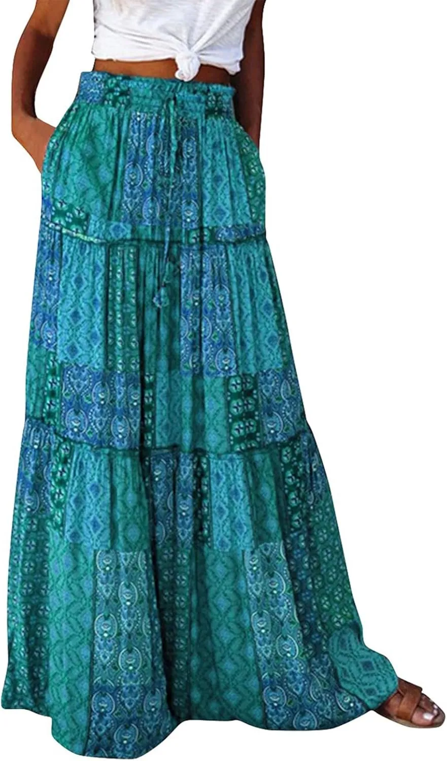 Women's high Wiast tie Boho Print Tiered Pleated Beach A-Line Swing Maxi Skirts 2025, S-2XL