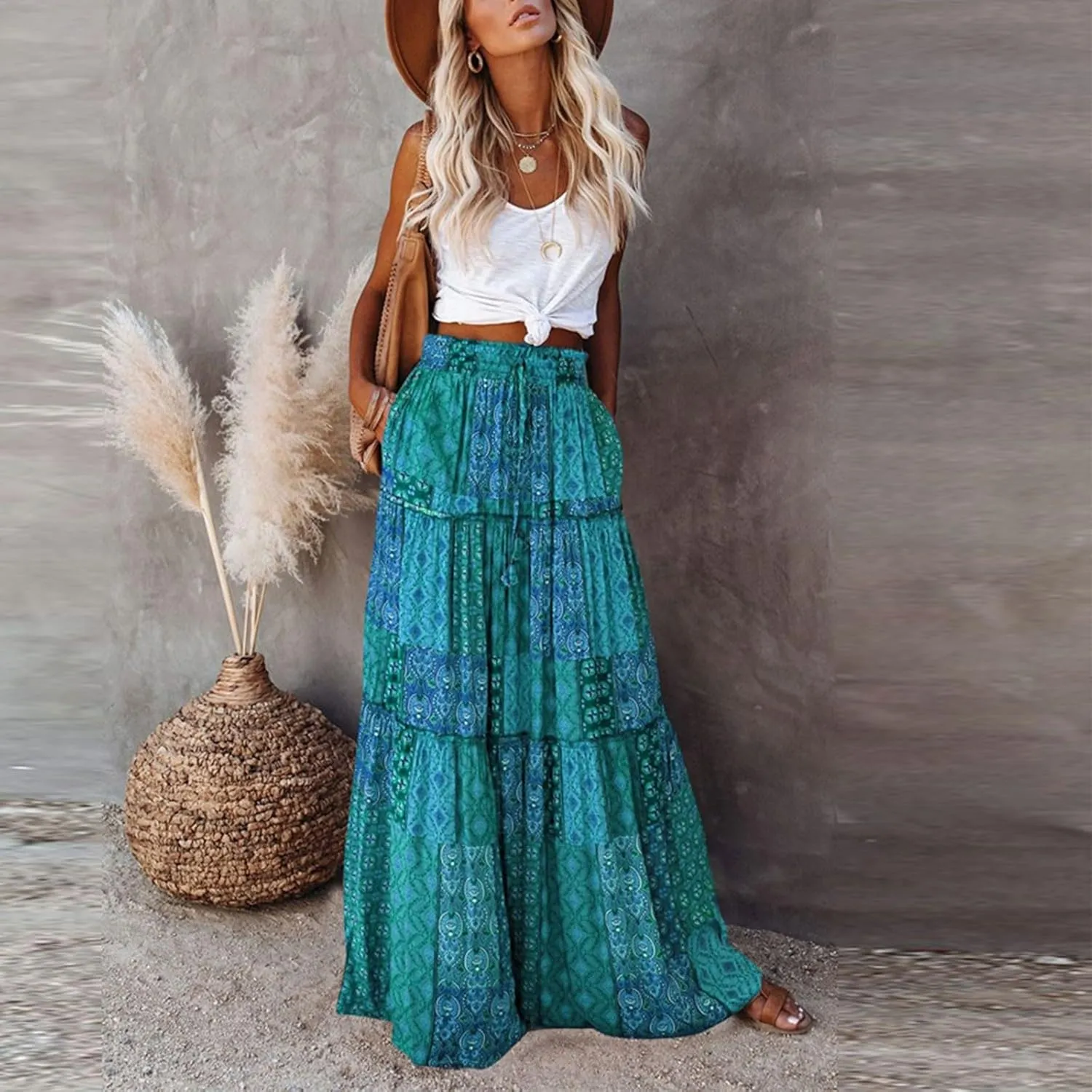 Women's high Wiast tie Boho Print Tiered Pleated Beach A-Line Swing Maxi Skirts 2025, S-2XL