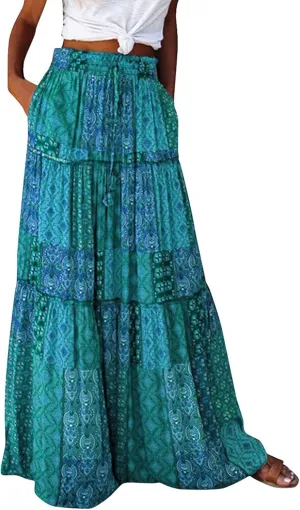 Women's high Wiast tie Boho Print Tiered Pleated Beach A-Line Swing Maxi Skirts 2025, S-2XL