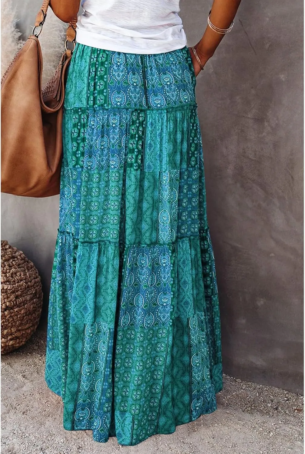 Women's high Wiast tie Boho Print Tiered Pleated Beach A-Line Swing Maxi Skirts 2025, S-2XL