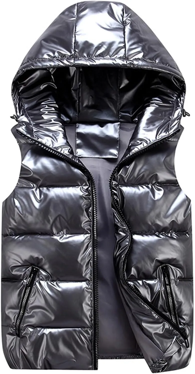 Women's Hooded Shiny Insulated Puffer Vest Sleeveless Down Puffer Jacket Waterproof Vest