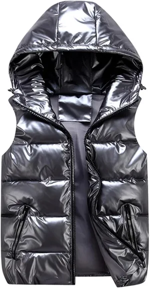Women's Hooded Shiny Insulated Puffer Vest Sleeveless Down Puffer Jacket Waterproof Vest