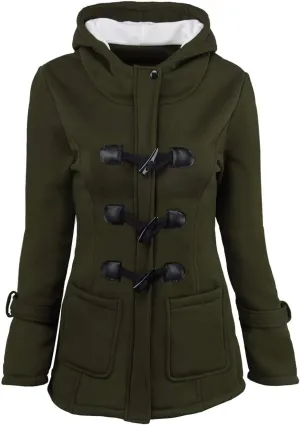 Womens Horn Button Fleece Jacket Hooded Sherpa Lined Coats Classic Fashion Winter Thicken Warm Pea Coat Parkas Outwear