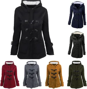 Womens Horn Button Fleece Jacket Hooded Sherpa Lined Coats Classic Fashion Winter Thicken Warm Pea Coat Parkas Outwear