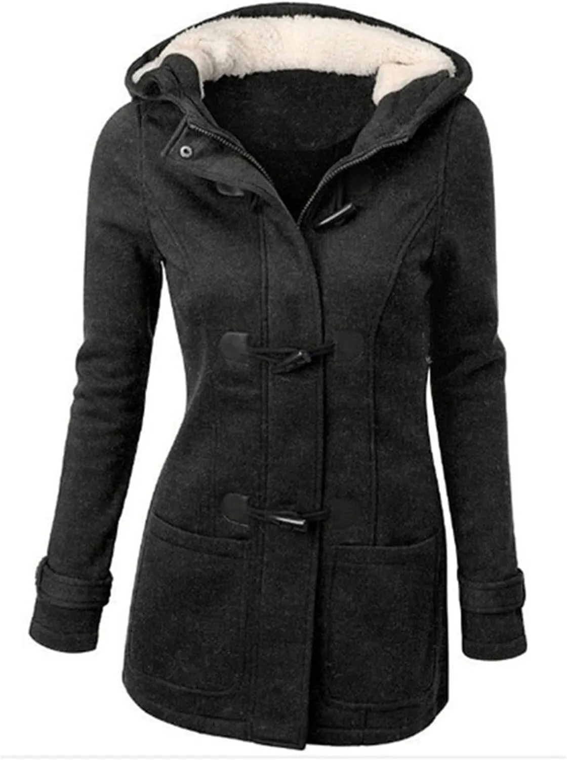 Womens Horn Button Fleece Jacket Hooded Sherpa Lined Coats Classic Fashion Winter Thicken Warm Pea Coat Parkas Outwear