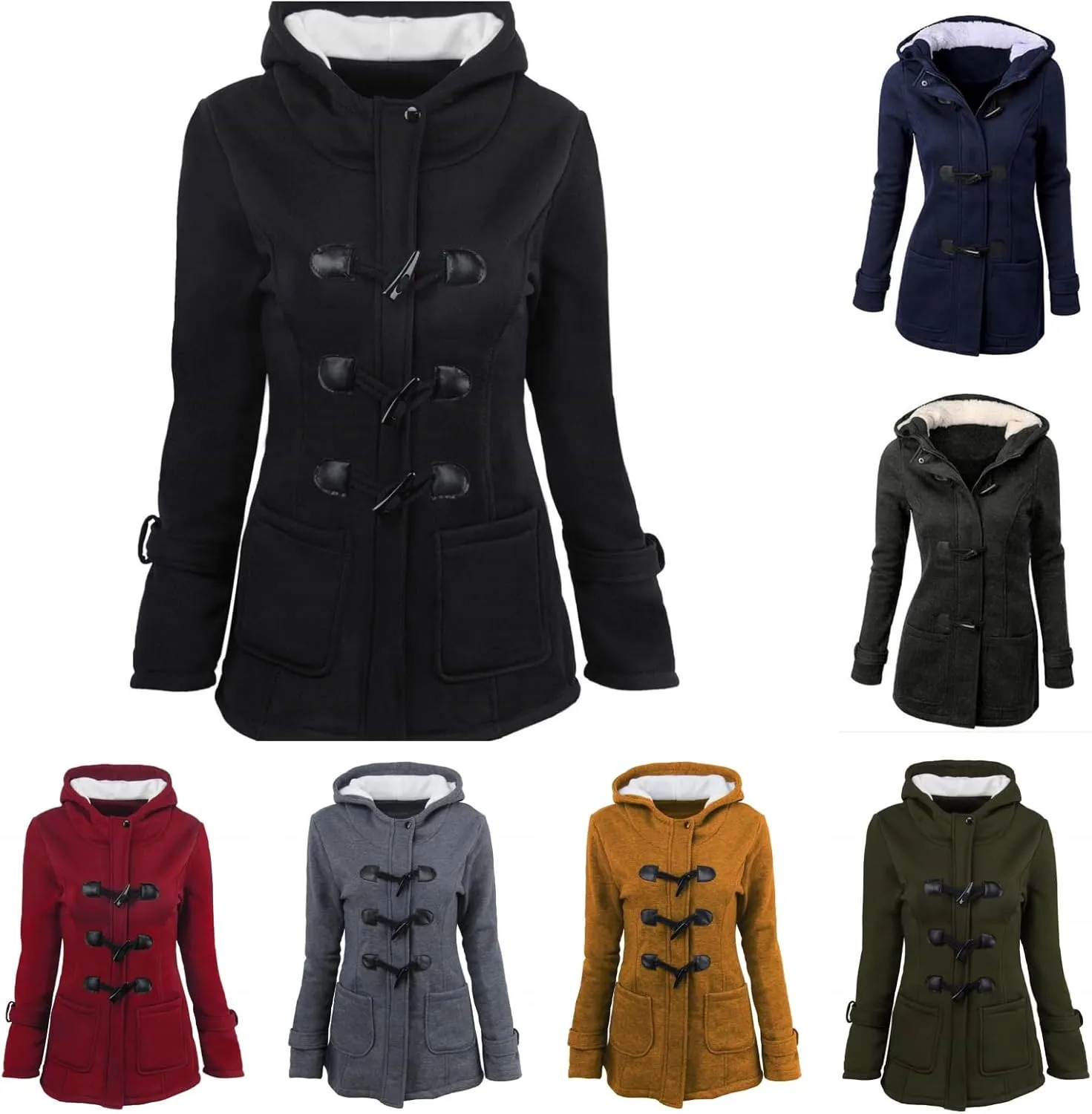 Womens Horn Button Fleece Jacket Hooded Sherpa Lined Coats Classic Fashion Winter Thicken Warm Pea Coat Parkas Outwear