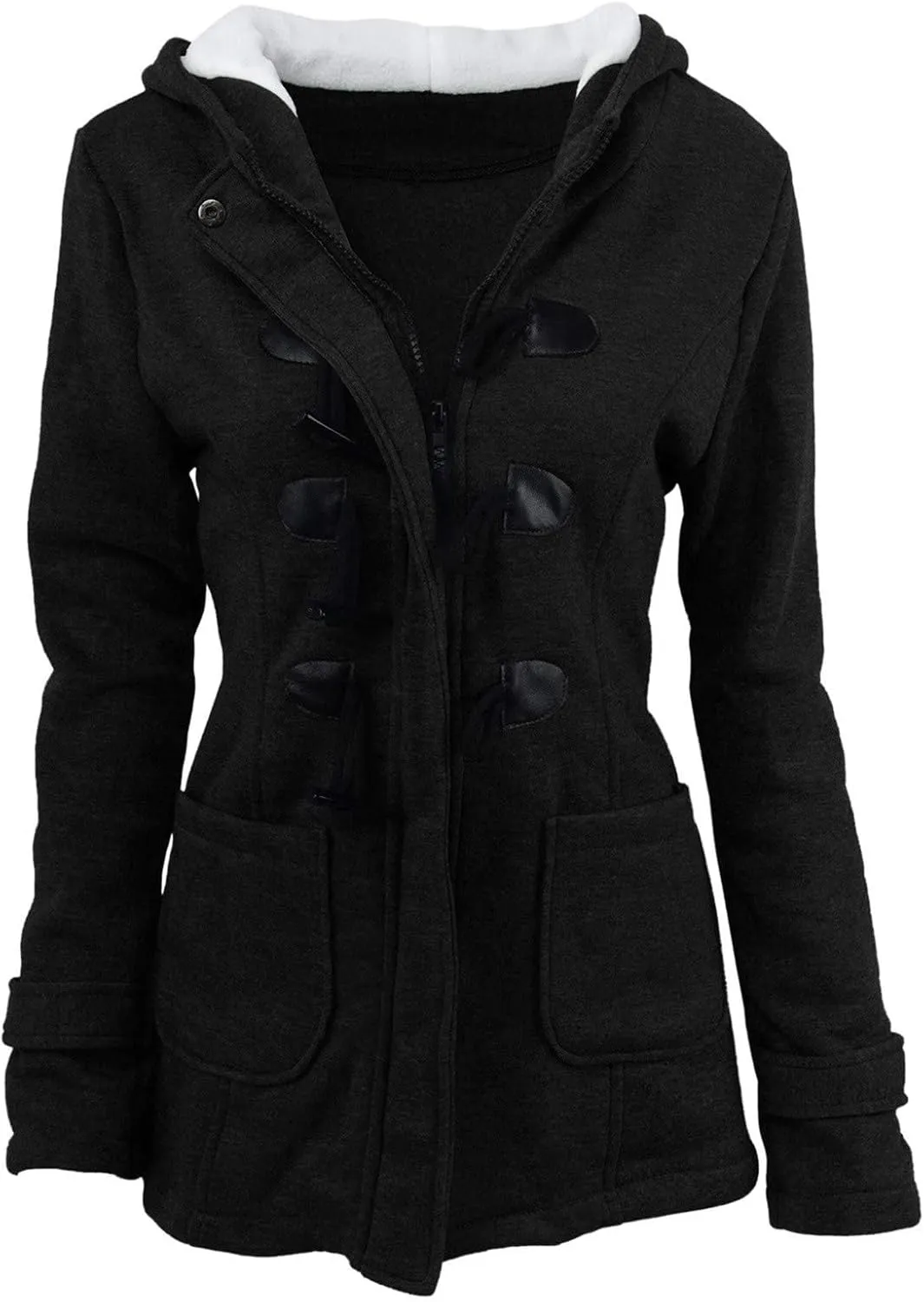 Womens Horn Button Fleece Jacket Hooded Sherpa Lined Coats Classic Fashion Winter Thicken Warm Pea Coat Parkas Outwear