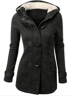 Womens Horn Button Fleece Jacket Hooded Sherpa Lined Coats Classic Fashion Winter Thicken Warm Pea Coat Parkas Outwear