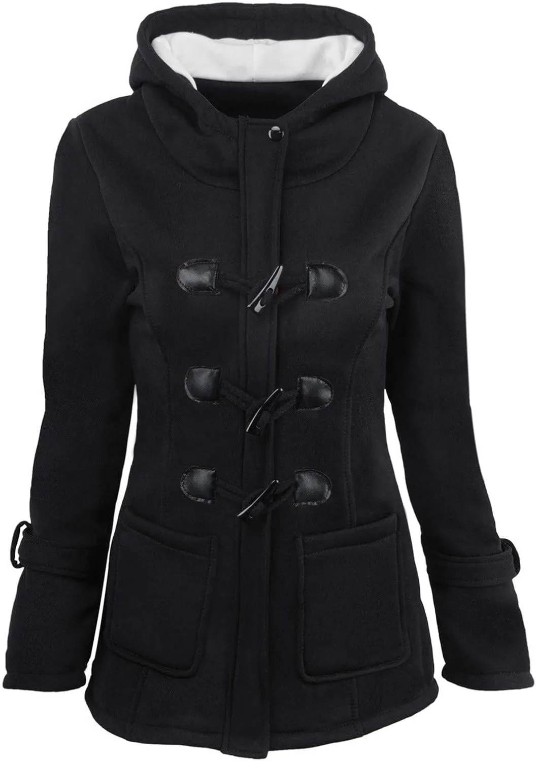 Womens Horn Button Fleece Jacket Hooded Sherpa Lined Coats Classic Fashion Winter Thicken Warm Pea Coat Parkas Outwear