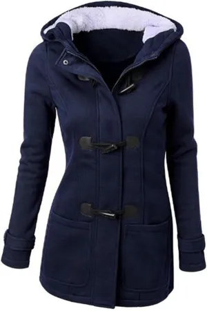 Womens Horn Button Fleece Jacket Hooded Sherpa Lined Coats Classic Fashion Winter Thicken Warm Pea Coat Parkas Outwear