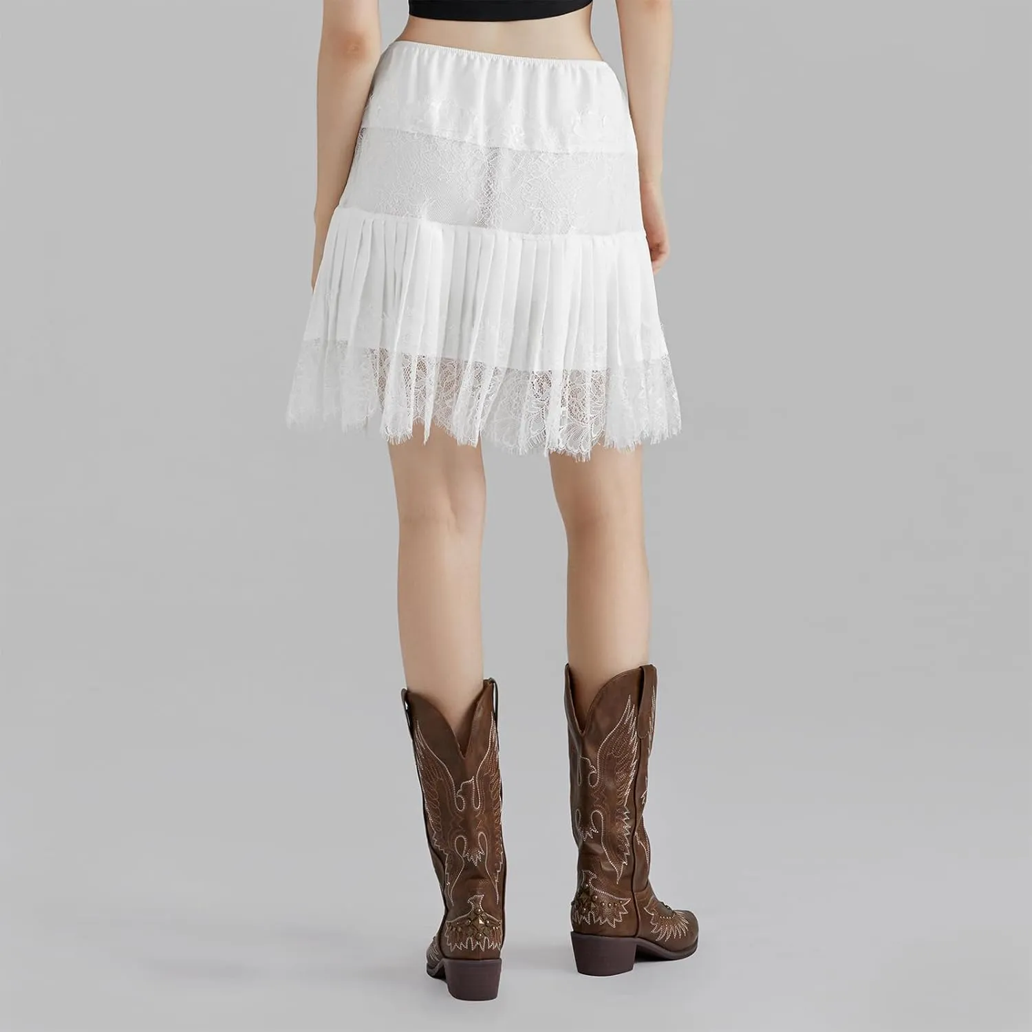 Women's Lace Mini Skirts Low Rise Pleated Lace Skirts Y2k Ruffle Slip Skirt Summer Fairy Flowy Skirts