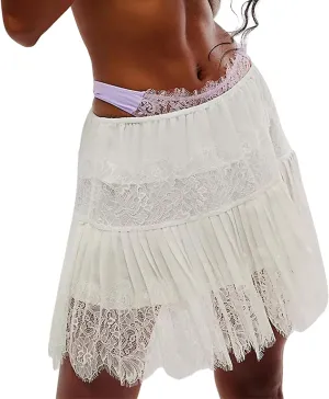 Women's Lace Mini Skirts Low Rise Pleated Lace Skirts Y2k Ruffle Slip Skirt Summer Fairy Flowy Skirts