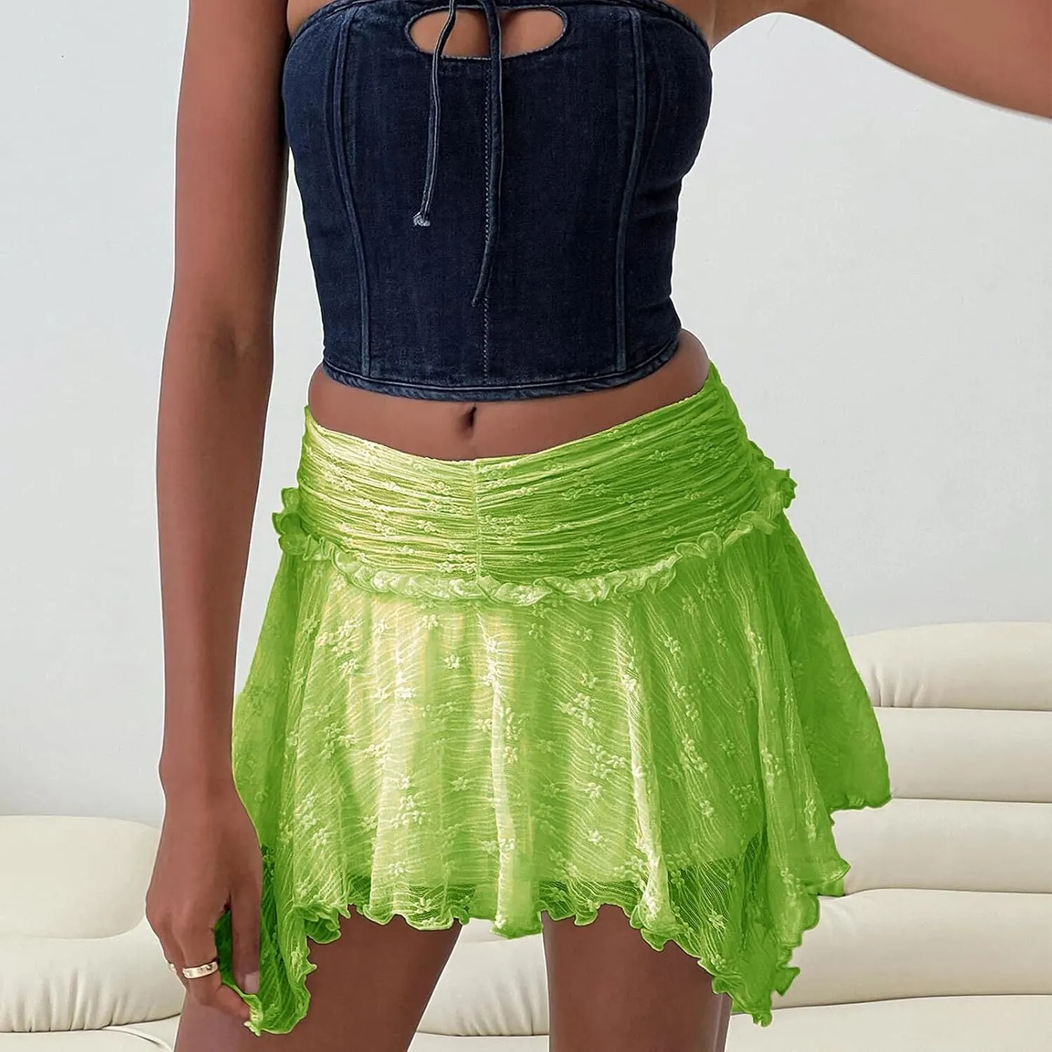 Women's Lace Ruched Mini Skirts High Waist Pleated Short Skirts Irregular Hem Casual Skirts