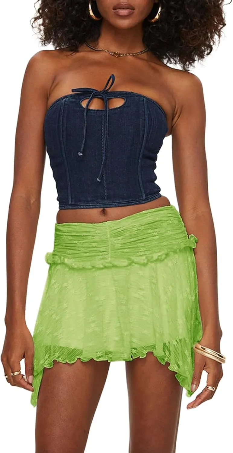 Women's Lace Ruched Mini Skirts High Waist Pleated Short Skirts Irregular Hem Casual Skirts