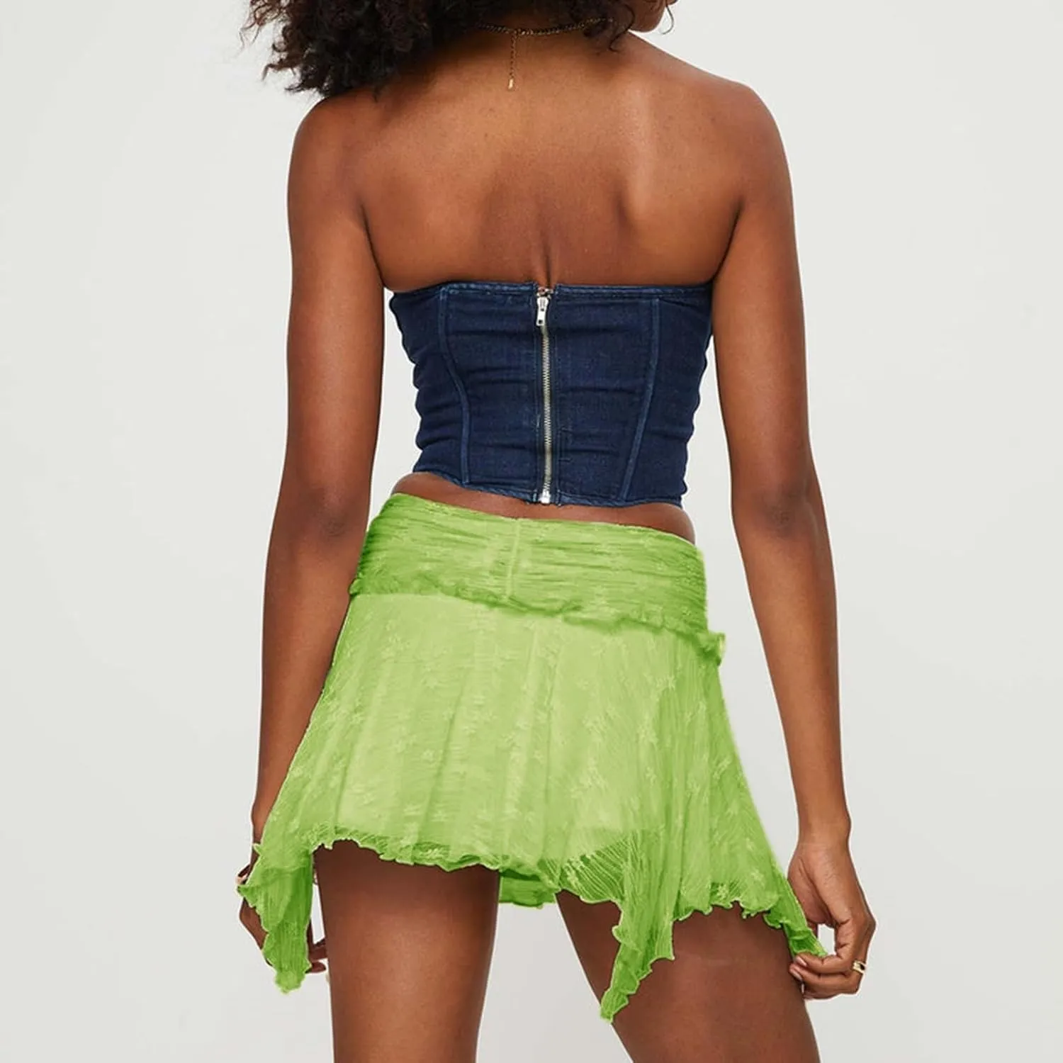 Women's Lace Ruched Mini Skirts High Waist Pleated Short Skirts Irregular Hem Casual Skirts