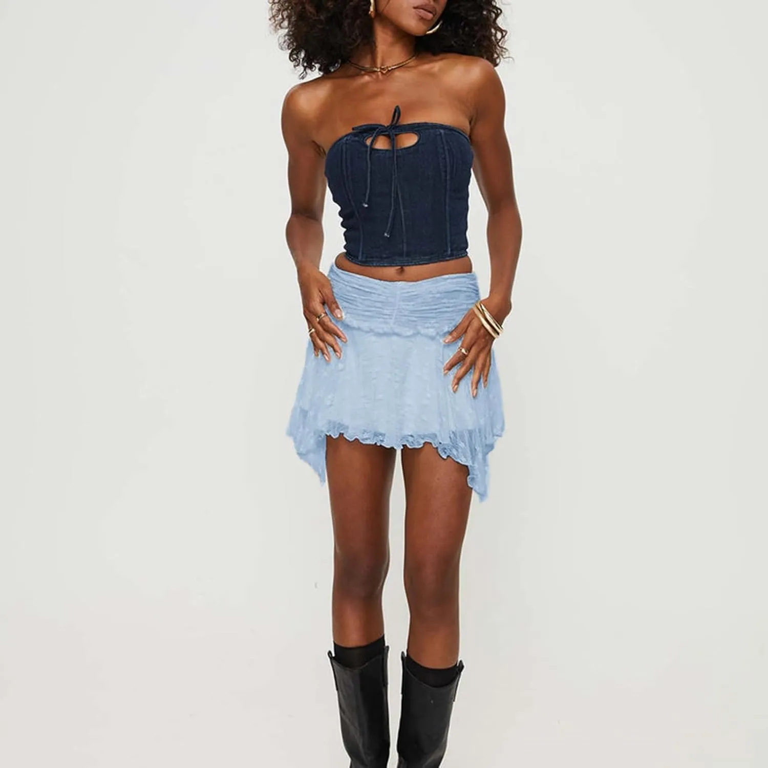 Women's Lace Ruched Mini Skirts High Waist Pleated Short Skirts Irregular Hem Casual Skirts