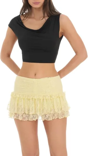 Women's Lace Ruched Mini Skirts High Waist Pleated Short Skirts Irregular Hem Casual Skirts