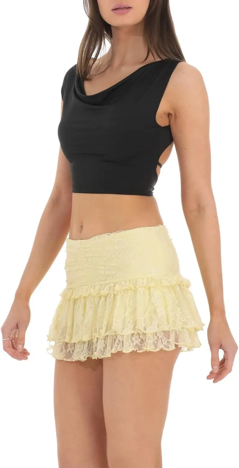 Women's Lace Ruched Mini Skirts High Waist Pleated Short Skirts Irregular Hem Casual Skirts