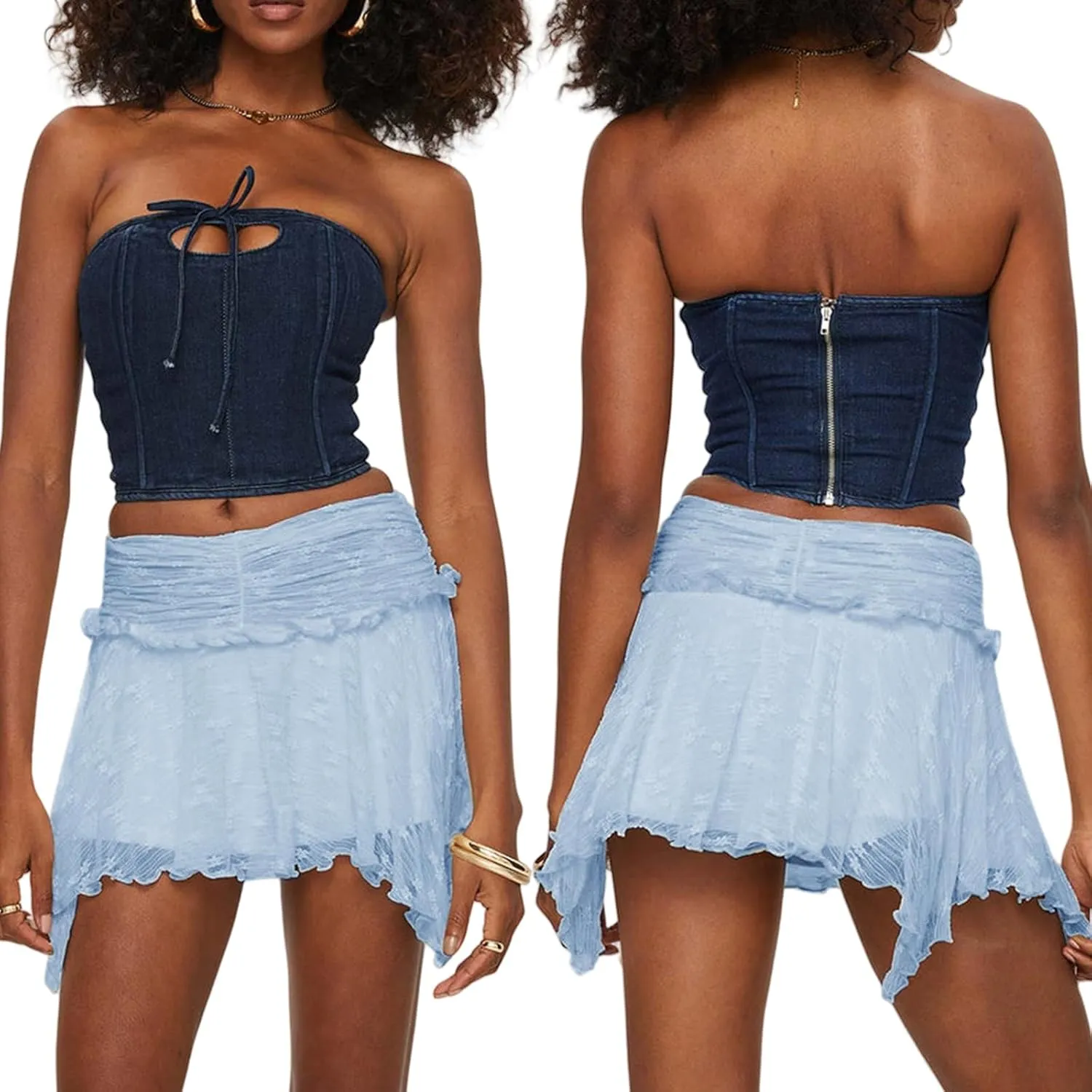 Women's Lace Ruched Mini Skirts High Waist Pleated Short Skirts Irregular Hem Casual Skirts
