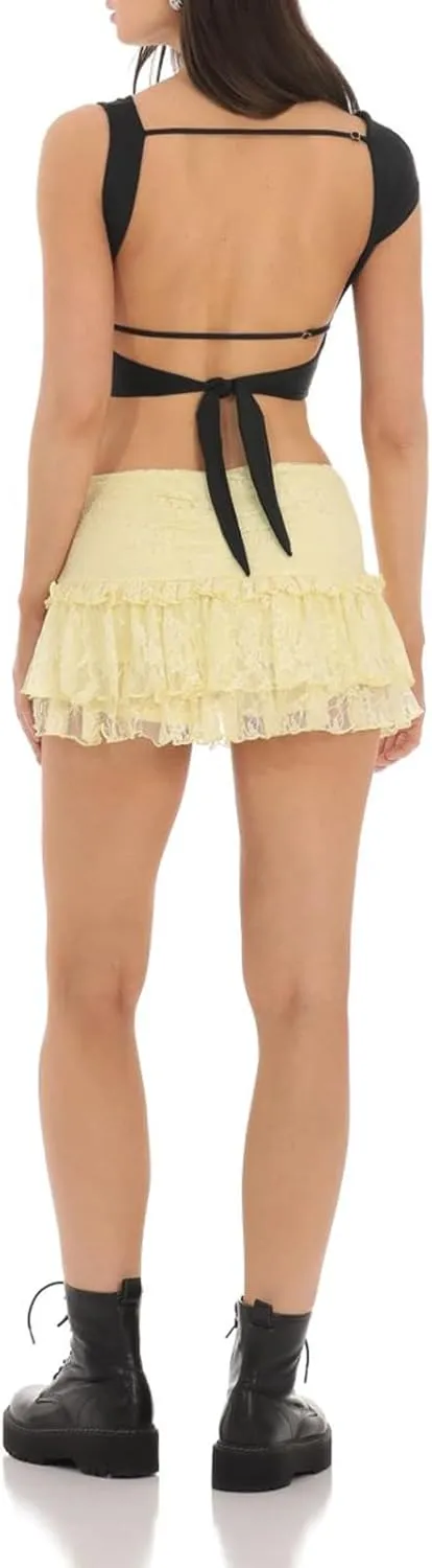 Women's Lace Ruched Mini Skirts High Waist Pleated Short Skirts Irregular Hem Casual Skirts