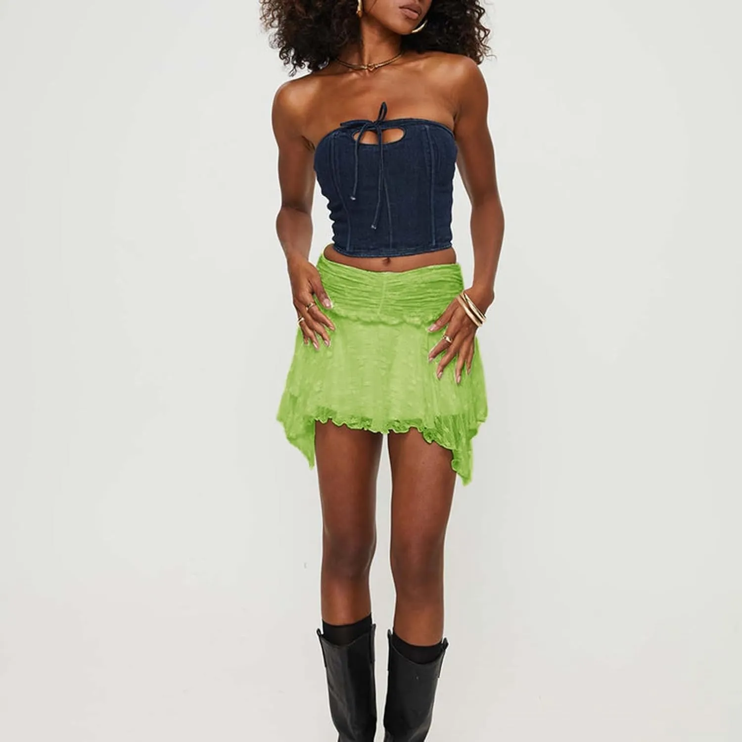 Women's Lace Ruched Mini Skirts High Waist Pleated Short Skirts Irregular Hem Casual Skirts