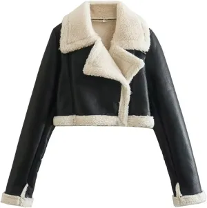Women's Lamb Sherpa Lined Jacket Sexy Cropped Sweater Coats Winter Short Coat Fake Leather Motorcycle Style