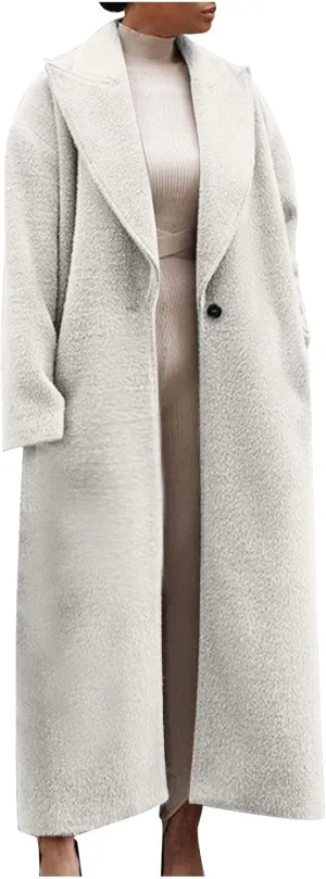Women's Lapel Long Pea Coats Wool Blend Business Casual Trench Coats Long Sleeve Open Front Button Up Dressy Jackets