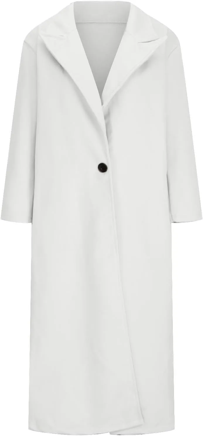 Women's Lapel Long Pea Coats Wool Blend Business Casual Trench Coats Long Sleeve Open Front Button Up Dressy Jackets