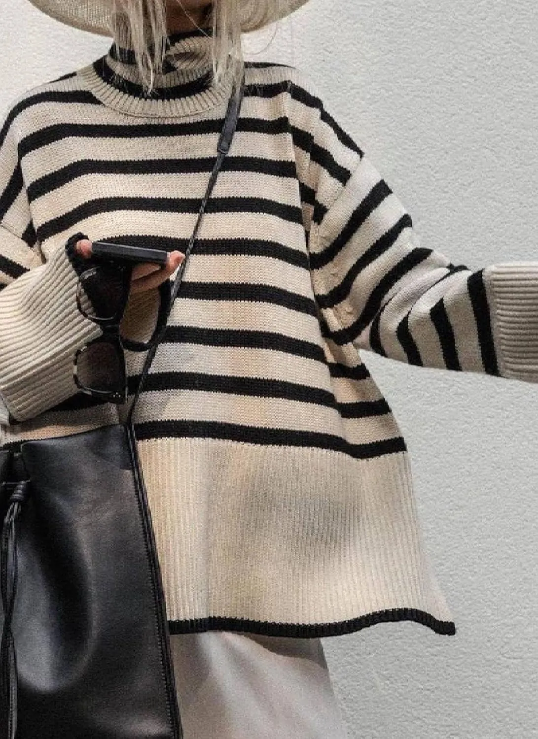 Women's Lazy Style Oversized Striped Turtle Neck Pullover Sweaters Long Sleeve Casual Outfits 2024 Winter Knitted Tops