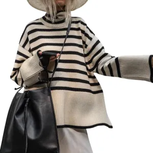 Women's Lazy Style Oversized Striped Turtle Neck Pullover Sweaters Long Sleeve Casual Outfits 2024 Winter Knitted Tops