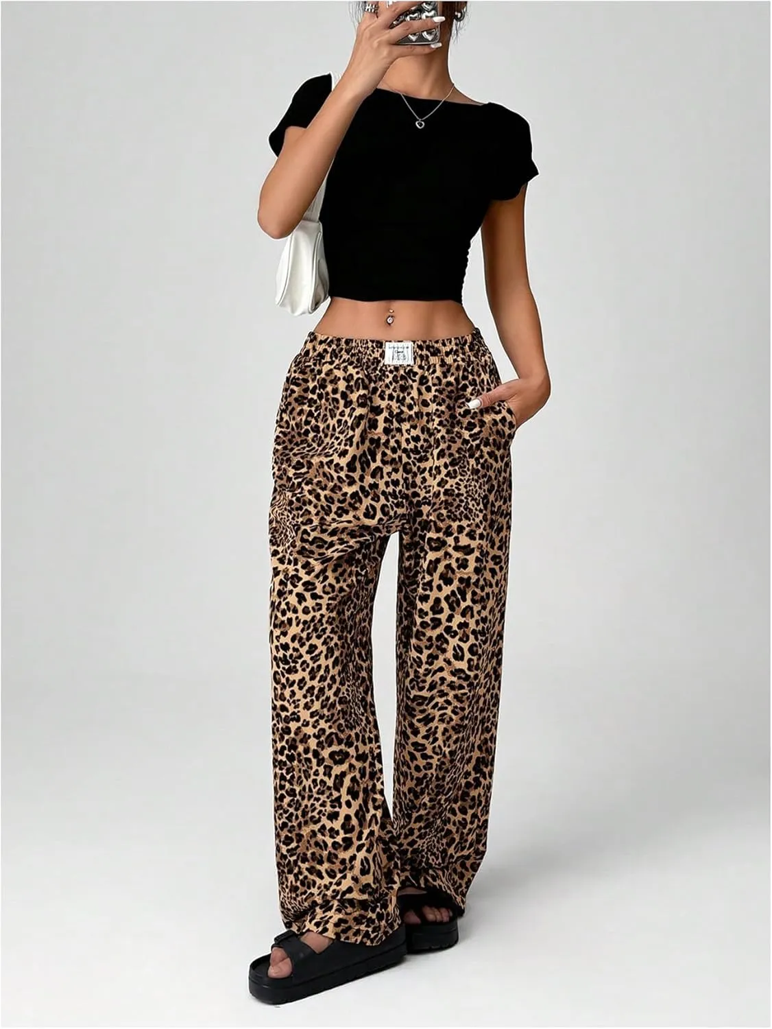 Women's Letter Leopard Print Straight Leg Pants Elastic Waist Y2K Trousers Bottoms with Pockets