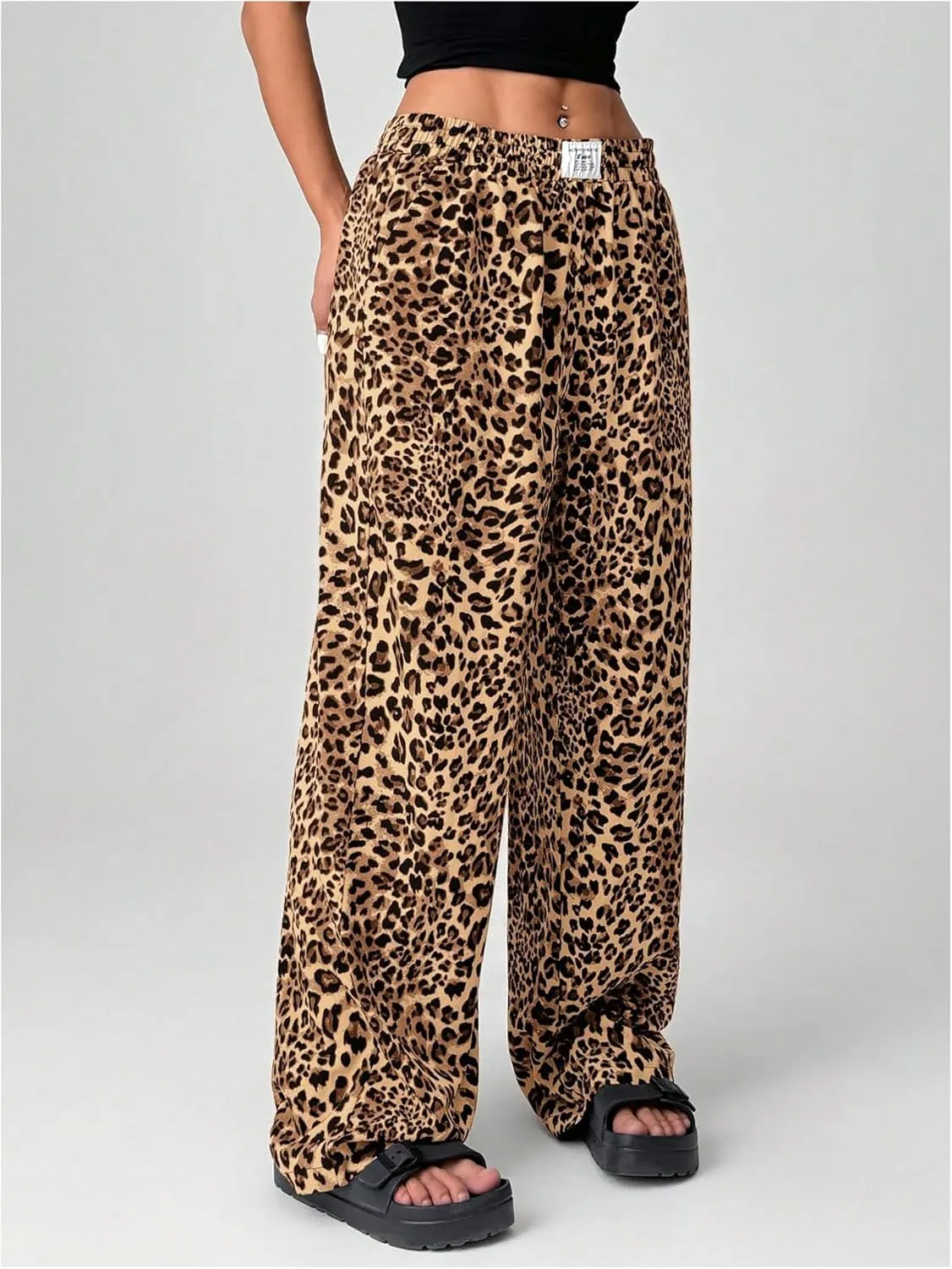 Women's Letter Leopard Print Straight Leg Pants Elastic Waist Y2K Trousers Bottoms with Pockets