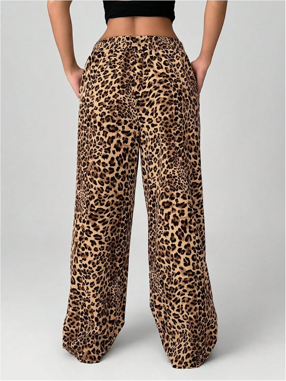 Women's Letter Leopard Print Straight Leg Pants Elastic Waist Y2K Trousers Bottoms with Pockets