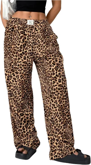 Women's Letter Leopard Print Straight Leg Pants Elastic Waist Y2K Trousers Bottoms with Pockets
