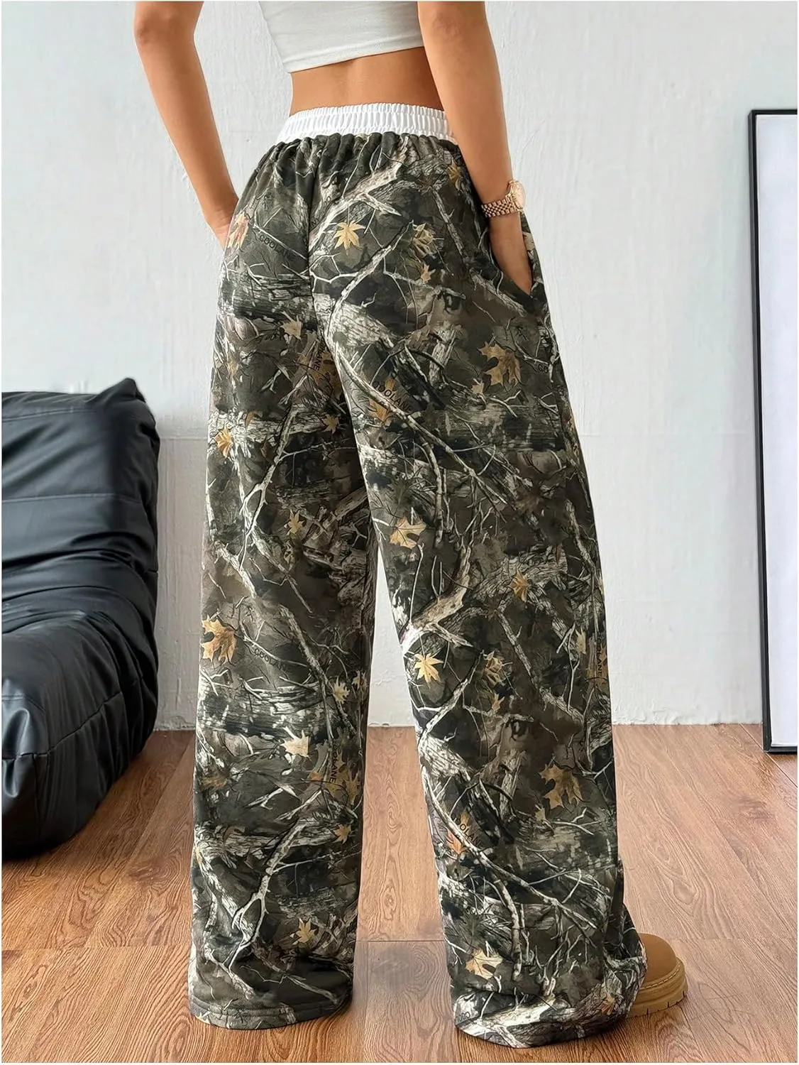 Women's Letter Leopard Print Straight Leg Pants Elastic Waist Y2K Trousers Bottoms with Pockets