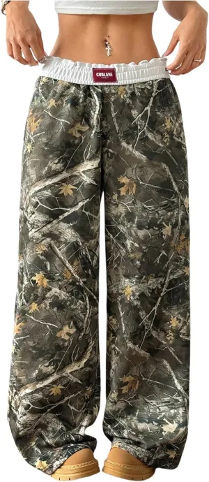 Women's Letter Leopard Print Straight Leg Pants Elastic Waist Y2K Trousers Bottoms with Pockets